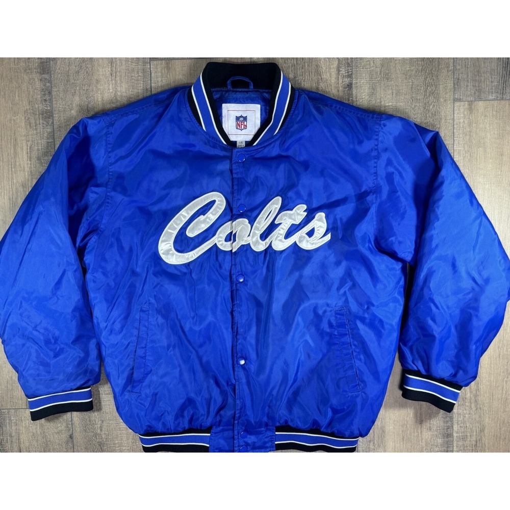 Vintage 90's Men Indianapolis Colts NFL Blue Bomber Snap Button Up Jacket Size L